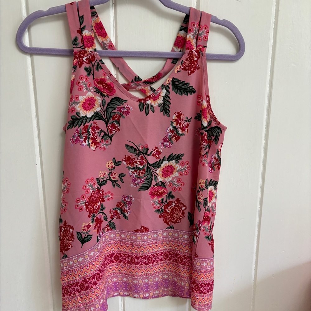 Pink Rose Vintage Floral Crisscross Back Tank Top Blouse Romantic Spring size S